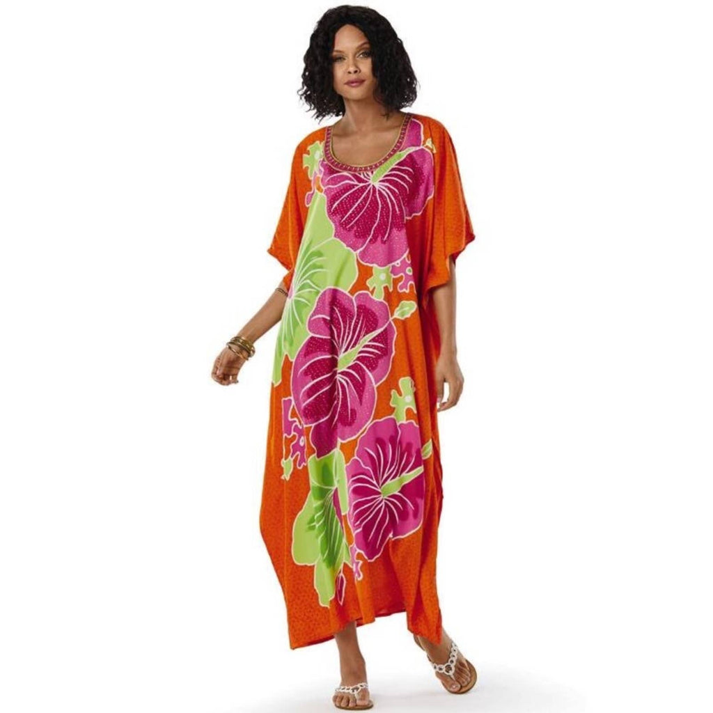 A Tropically Print Microfiber Long Caftan - Passion of Essence Boutique