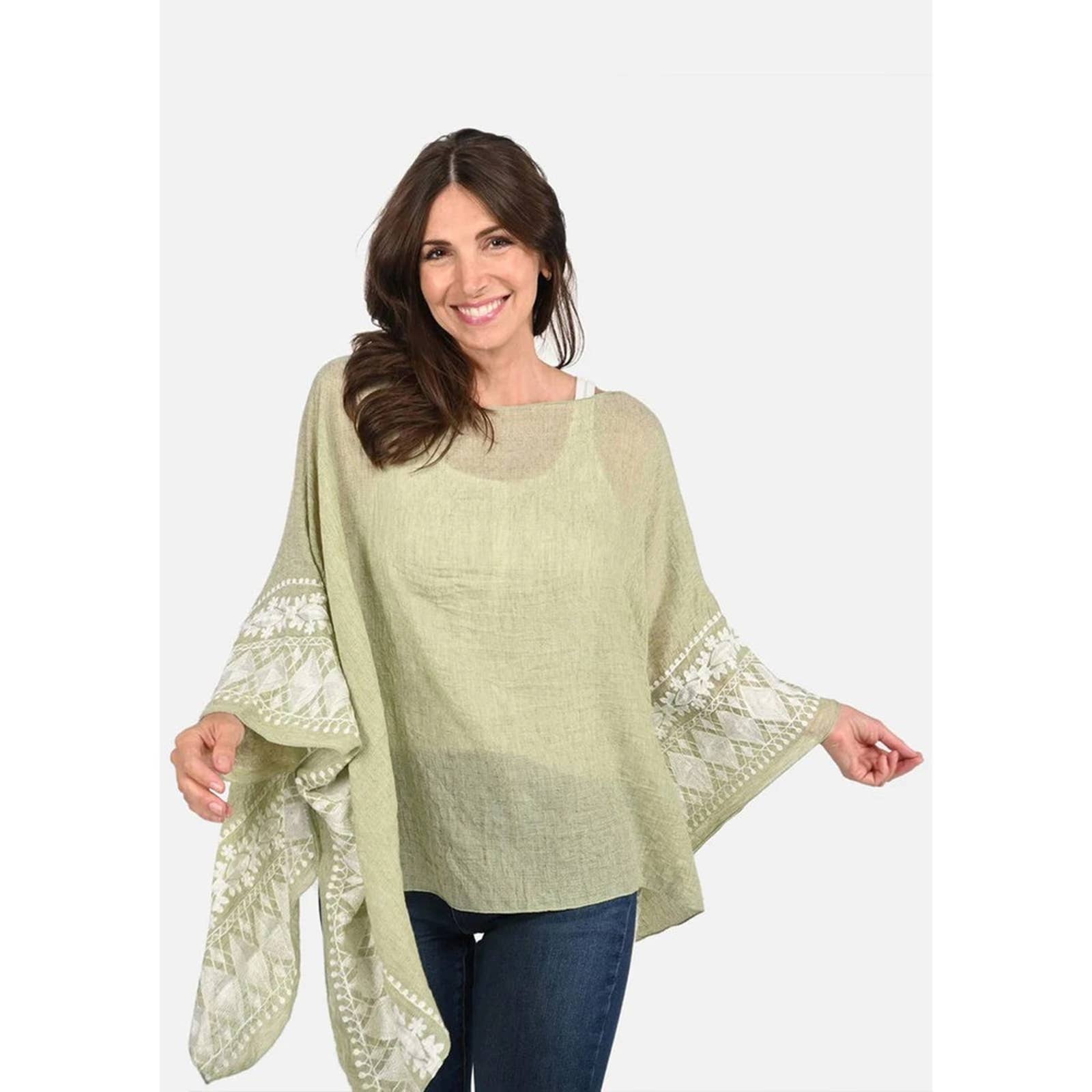 Passion Sage Green White Embroidered Sleeve Boat Neck Kaftan Top - Passion of Essence Boutique