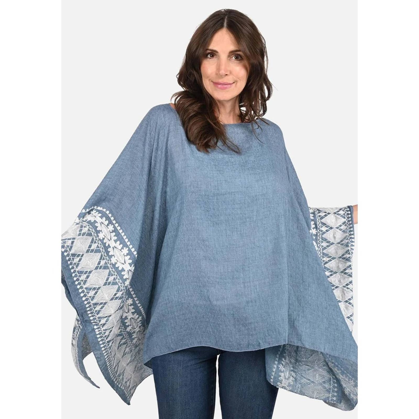 Passion Slate Blue White Embroidered Sleeve Boat Neck Kaftan Top - Passion of Essence Boutique
