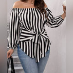Load image into Gallery viewer, Plus Striped Bishop Sleeve Off Shoulder Tie Front Blouse - Passion of Essence Boutique
