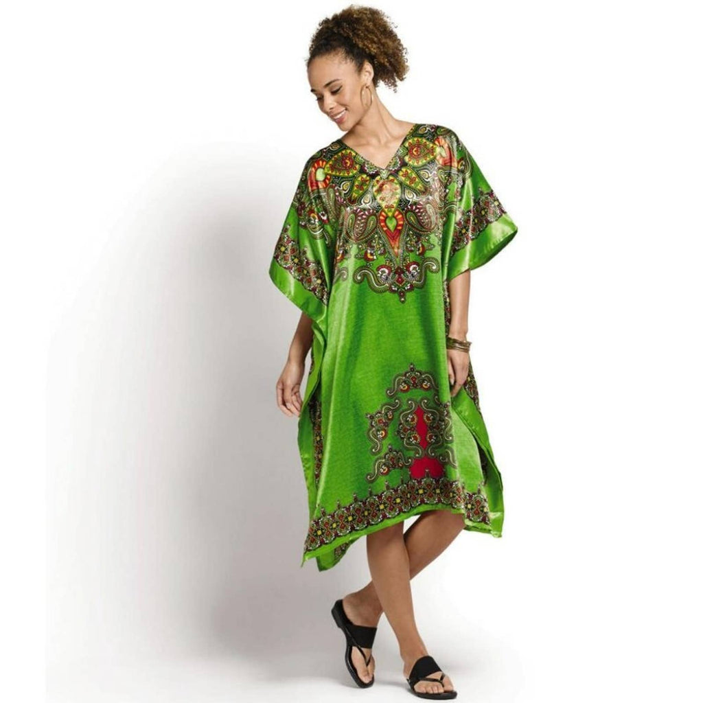 Soft Green Print Silky Short Caftan - Passion of Essence Boutique