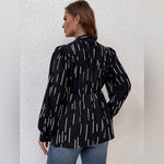 Load image into Gallery viewer, Peplum Plus Allover Print Lantern Sleeve Tie Neck Blouse - Passion of Essence Boutique
