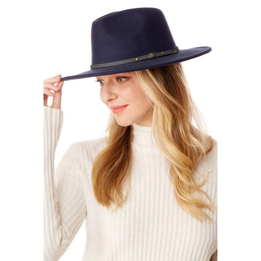 Navy Belt Buckle Trim Wide Brim Felt Hat - Passion of Essence Boutique