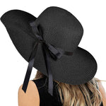 Load image into Gallery viewer, Black Floppy Beach Straw Hat, Foldable Wide Brim with Bowknot UPF50 - Passion of Essence Boutique
