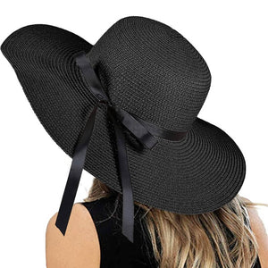 Black Floppy Beach Straw Hat, Foldable Wide Brim with Bowknot UPF50 - Passion of Essence Boutique