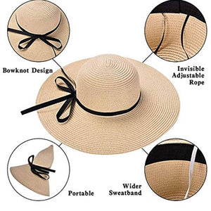 Beige Floppy Beach Straw Hat, Foldable Wide Brim with Bowknot UPF50 - Passion of Essence Boutique