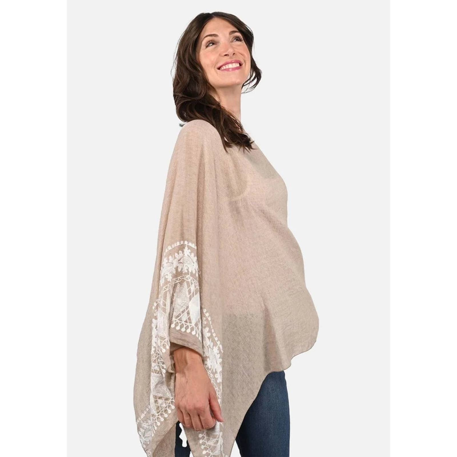 Passion Beige White Embroidered Sleeve Boat Neck Kaftan Top - Passion of Essence Boutique